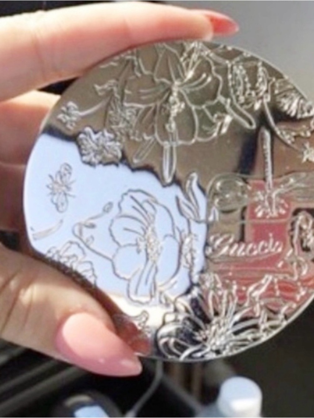Gucci Silver Floral Engraved Compact Mirror